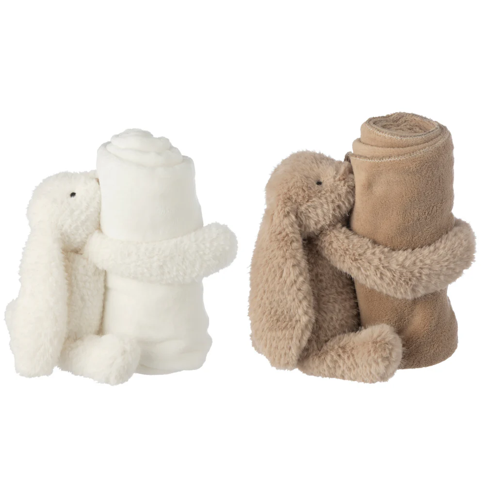 J-Line knuffelbeer + dekentje Konijn – polyester – wit/beige – set van