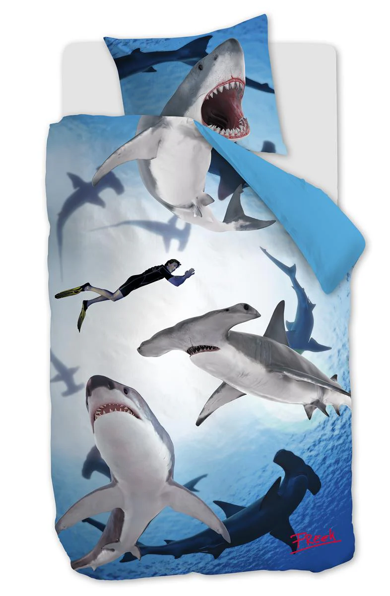 FREEK VONK dekbedovertrek Happige Haaien – 140×200 cm – blauw