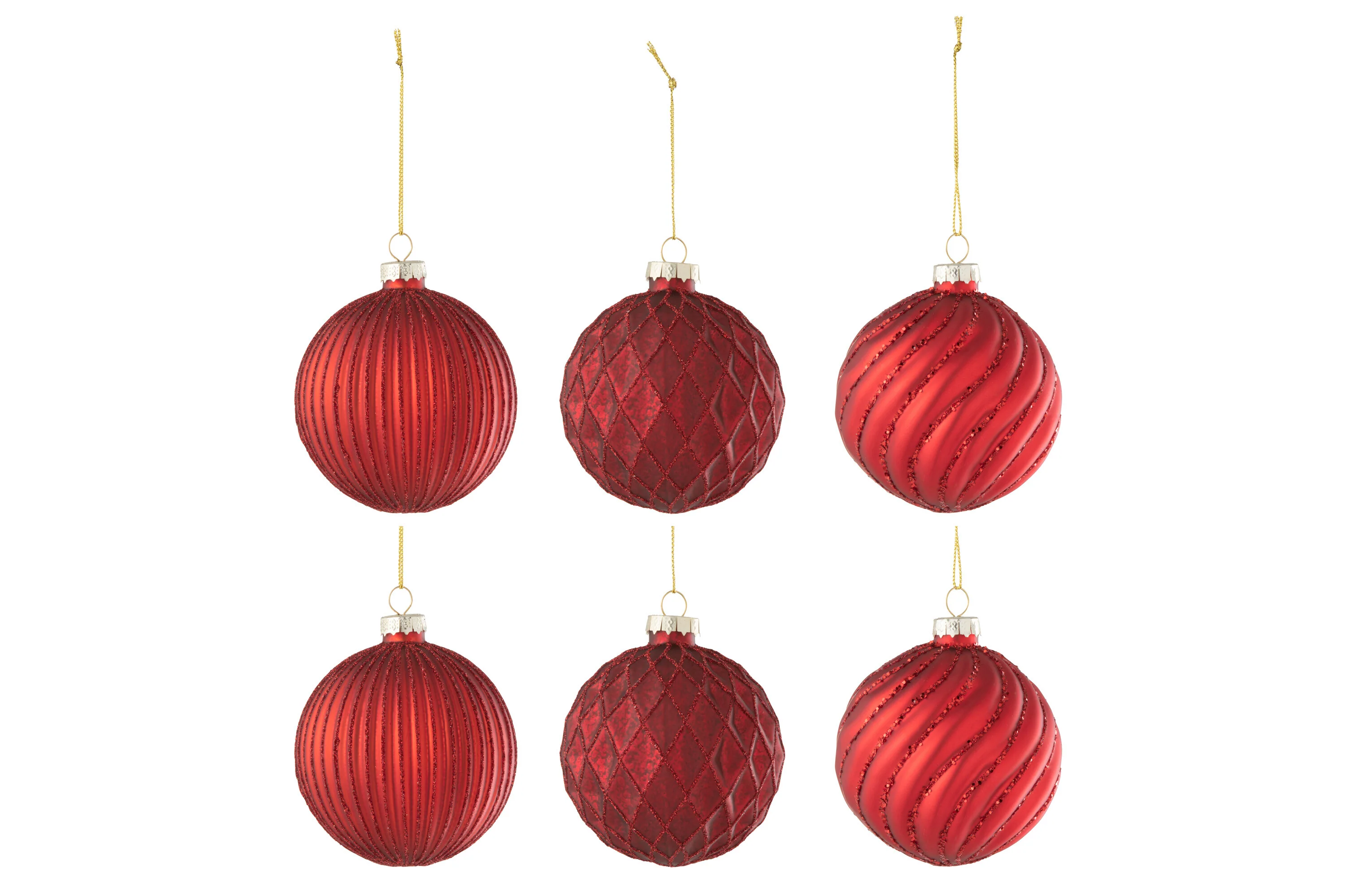 J-Line kerstbal Geribbeld & Geruit – glas – rood – small – doos van 6